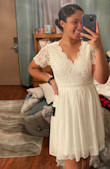 I wanted this  dress to wear for my engagement photos. I shopped last minute and I was unsure on what size to order. A lot of the time I depend a lot on other peoples reviews and the size they got and try to see who has a body most like mine so I know what size to get. However, I was so confused with this dress. It's probably just me lol but I seriously thought I could be a small, medium, or large! Obviously that's not right. So I actually ended up buying a small and a medium just to play it safe. The small ended up fitting slightly better than the medium. It was a good length. If I had slightly larger arms or bust area then the medium would have been a better fit. I have pictures of both the medium and small. Hopefully it'll help the next person :)

Photos: You'll notice the medium is a bit more loose in the sleeves, at the back of the neck since my arms is on my hip, and hangs a little lower in the front than the small. - Jaycie T.