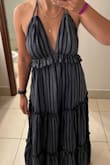 Loved the low back and halter style. Very heavy material, which was perfect for a cool night on vacation. I wore flats and it was a little long, but not so bad that I couldn't walk. Plenty of room. I can be a small or medium in dresses and I definitely could have gotten an XS. - Victoria D.