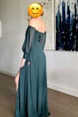 The dress is stunning and the green color is beautiful! Very romantic and flowy. True to size and tons of room in the hips so if you have a smaller waist/top go with that size. Lots of lengths as well so you can wear heels and hem. - Sarah S.