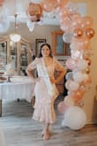 Ordered this dress in the white and blush for my bridal shower. Ended up keeping the blush and so happy I did. Got lots of compliments on the dress, including from my fiance. Beautiful dress, great for bridal events. - Mayerly S.