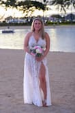 I loved this dress! My husband and I eloped in Hawaii and I actually decided to wear this dress out to dinner after our ceremony. The jumper underneath was a bit darker than my skin tone but I am pretty fair skinned. I felt very sexy and it flattered my shape well. - Emily W.