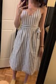I don't have many dresses this length and am happy with it - very cute and easy to fit with the adjustable straps and bowtie. There are some strings that are coming out of it, which is no big deal but something to note. Also I brought it to the dry cleaners after wearing it twice and the string that held the bowtie ripped off. It is a very flimsy string so I am not surprised- I wish it was a bit more secure. - Molly S.