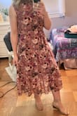 This dress was so perfect for a fall wedding. It does fit a little looser on the top, so keep that in mind if you're between sizes. Being 5'8" I always feel like midi dresses look weird on me, but this one hit perfectly and flows in a really pretty way. The first photo is a little more true to the color, but the second one shows the full length. Love! - Whitney T.