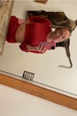Wore this to a fall wedding last night and it was beautiful! It's a little more rusty orange than deep red. I'm 5'4, 120lbs and got an XS. The sweater fits perfect and I can't wait to also wear with jeans. Waistband on skirt is a little tight so I probably could've gotten a S. Super soft and stretchy. - Christina B.