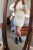 This dress is so soft and cute. I have a pretty long abdomen so I was worried that I wouldn't get the slouch effect that was pictured on the model. I was correct BUT I threw on a thick belt that I had and I'm very happy with the way it looks. I could've adjusted it to make the top slouch over my midsection like is pictured on the model but it would've made the dress too short on me. I included pictures of the dress with and without the belt. Material is great quality. I'm happy with the size medium as I think the large would've been too big on me. - Amanda C.