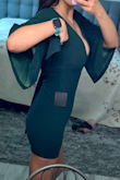 Unfortunately, I exchanged the S in this dress for an XS because I thought the stomach area/right below the chest was too "baggy". Then, the XS was wayyyy too short (& as you can see I have no booty). I would have kept the S since I felt more comfortable walking/sitting with it, but they ran out :(. These are photos of the XS size. I'm sure it would fit much better on a shorter person, I'm a taller 5'8''. - Jamie M.