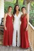 This dress was way better than I imagined when I ordered it! Perfectly simple and beautiful! Stretches and is comfortable. The front slit was a little high for me but moving up to a medium made it too baggy. I ended up ordering a small and medium and wore the small. - Trisha B.