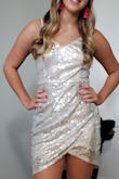 Love the way this dress looks and fits. Spaghetti straps adjust, sequins aren't scratchy and don't fall off. Great price. Recommend 100%. - Monroe R.