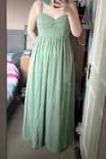 Radiant Charisma Sage Brush Chiffon Ruched Tie-Strap Maxi Dress