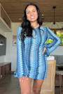 Valestra Blue Striped Crochet Long Sleeve Swim Cover-Up Dress