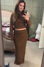 Incomparable Shine Brown Mesh Rhinestone Two-Piece Maxi Dress