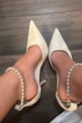 Katie White Satin Pearl Pointed-Toe Ankle Strap Pumps