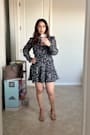 Too Cute Navy Blue Floral Print Smocked Long Sleeve Mini Dress