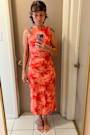 Elyra Orange Abstract Mesh Ruched Crew Neck Midi Dress