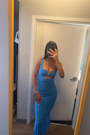 Aelara Turquoise Mesh Ruched Trumpet Midi Dress
