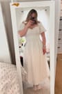 Heavenly Energy White Textured Puff Sleeve Pleated Midi Dress