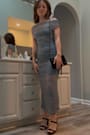 Sunama Slate Blue Mesh Ruched Bodycon Midi Dress