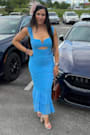 Aelara Turquoise Mesh Ruched Trumpet Midi Dress