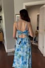 Radiant Feelings Blue and Green Floral Chiffon Midi Dress