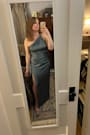 Signature Elegance Slate Blue Satin One-Shoulder Maxi Dress