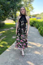 Blossoming Energy Black Floral Embroidered Halter Midi Dress