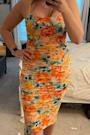 Date Night Beauty Orange Floral Print Mesh Ruched Midi Dress