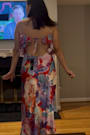 Augustina Red Multi Floral Satin Ruffled Midi Dress