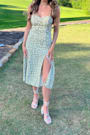 Party in Paris Sage Green Print Tie-Strap Midi Dress