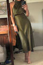 Distinctive Charm Olive Green Satin Asymmetrical Midi Dress