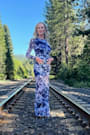Vibrant Poise Blue Floral Print Mesh Ruched Maxi Dress