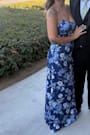 Wondrous Allure Navy Blue Floral Satin Backless Maxi Dress