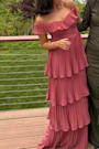 Always Remarkable Rusty Rose Pleated Off-the-Shoulder Maxi Dress