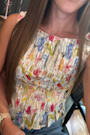 Lolani Beige Multi Print Smocked Tank Top
