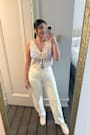 Elfreda Blue and Cream Crochet Knit Patchwork Tie-Front Top