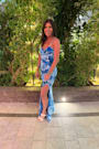 Stunning Wonder Blue Floral Mesh Bustier Mermaid Maxi Dress