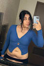 Lumirah Blue Ribbed Knot-Front Cutout Long Sleeve Top