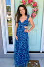 Ethereal Love Blue Floral Pleated Tiered Tie-Back Maxi Dress