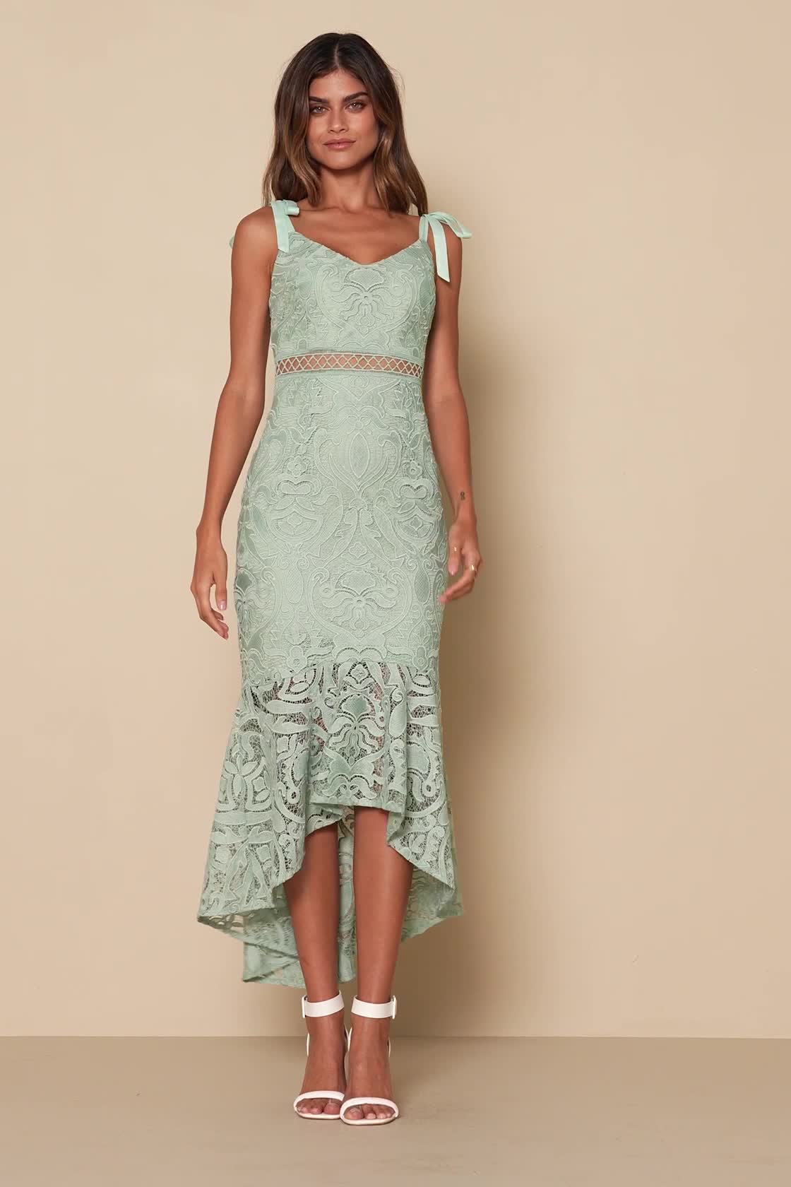 Sage Green Lace Dress - Lace Midi Dress - Trumpet Hem Midi Dress