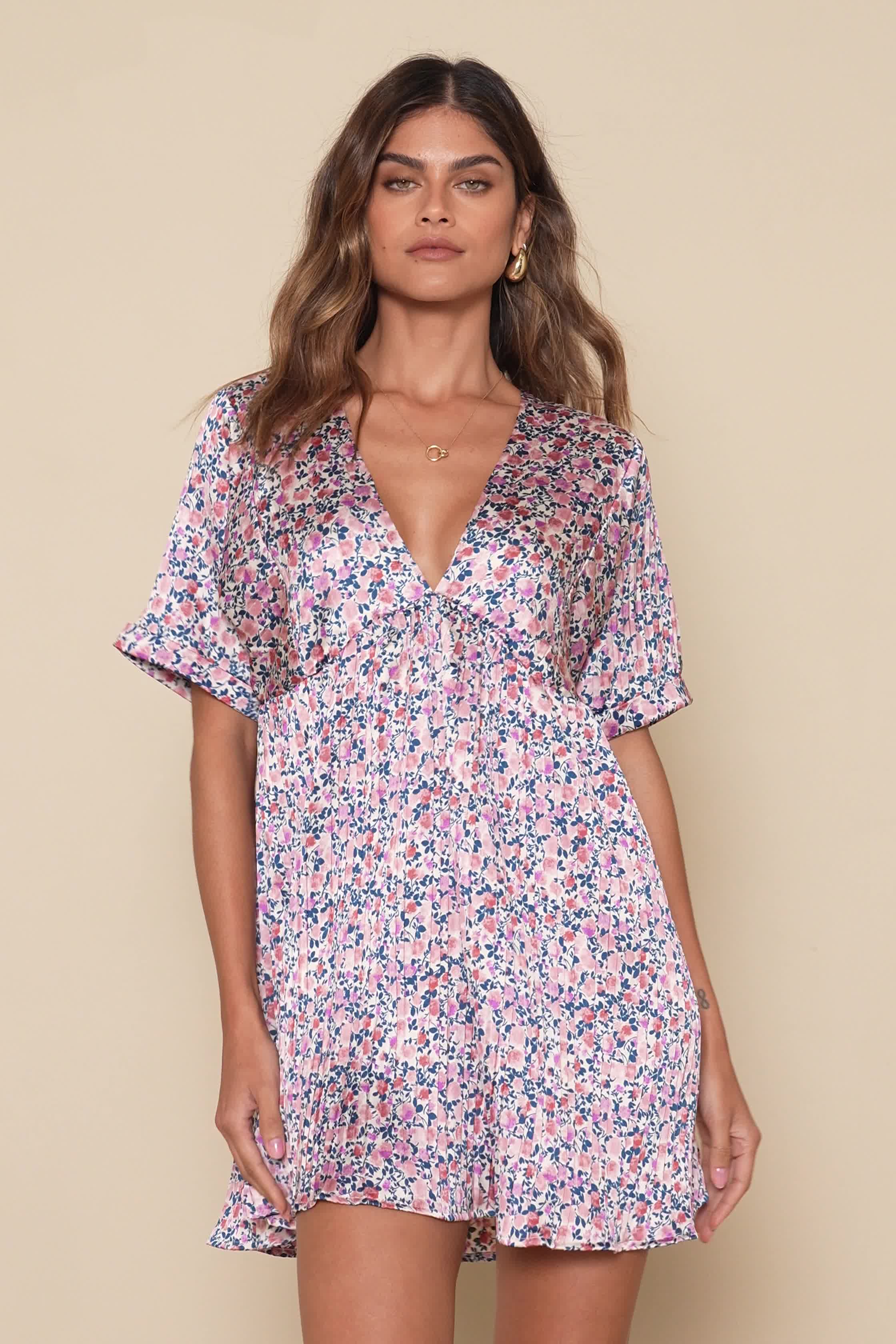 pink and blue babydoll dress JACK IT UP Women's Floral Printed Short Sleeve Babydoll Dress