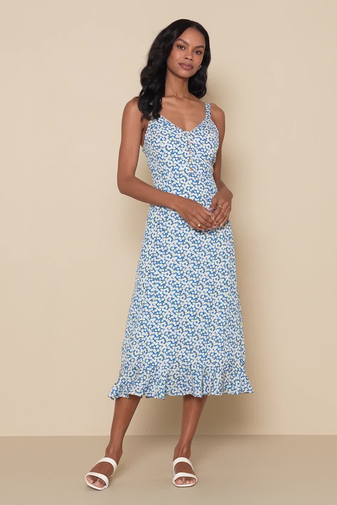 Blue Floral Print Dress - Floral Midi Dress - Sheath Midi Dress