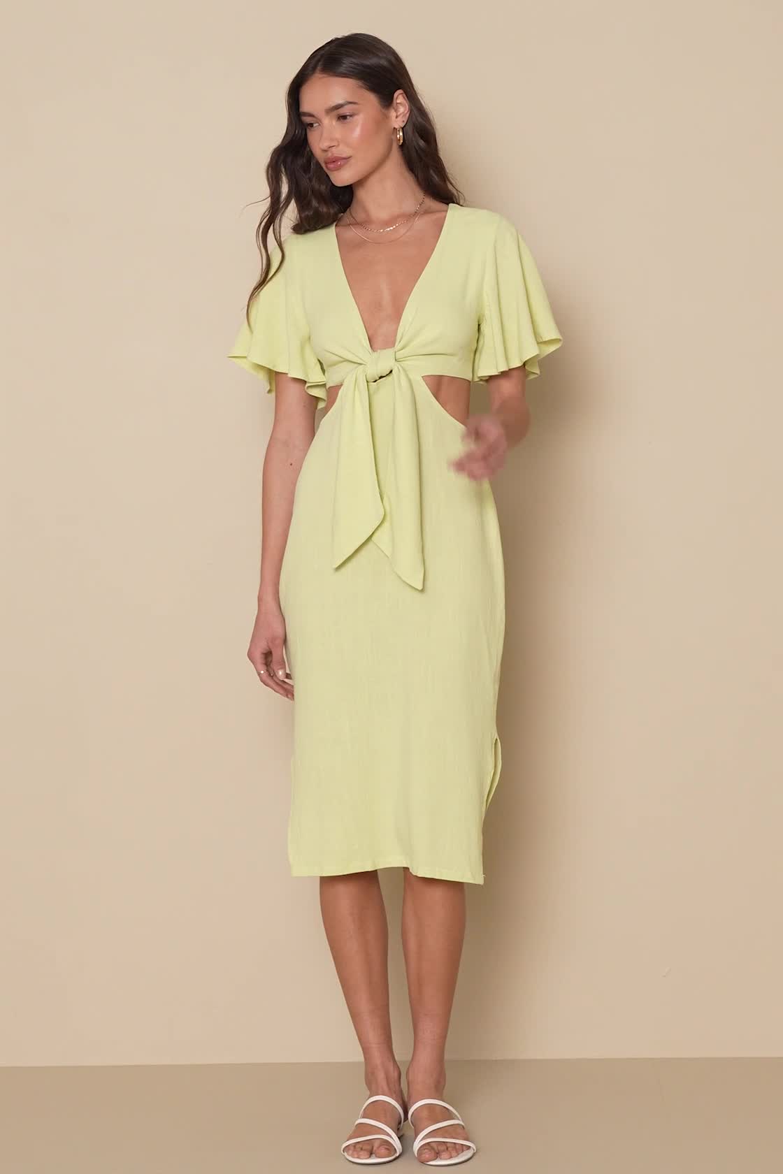 Light Green Linen Dress - Tie-Front Dress - Cutout Midi