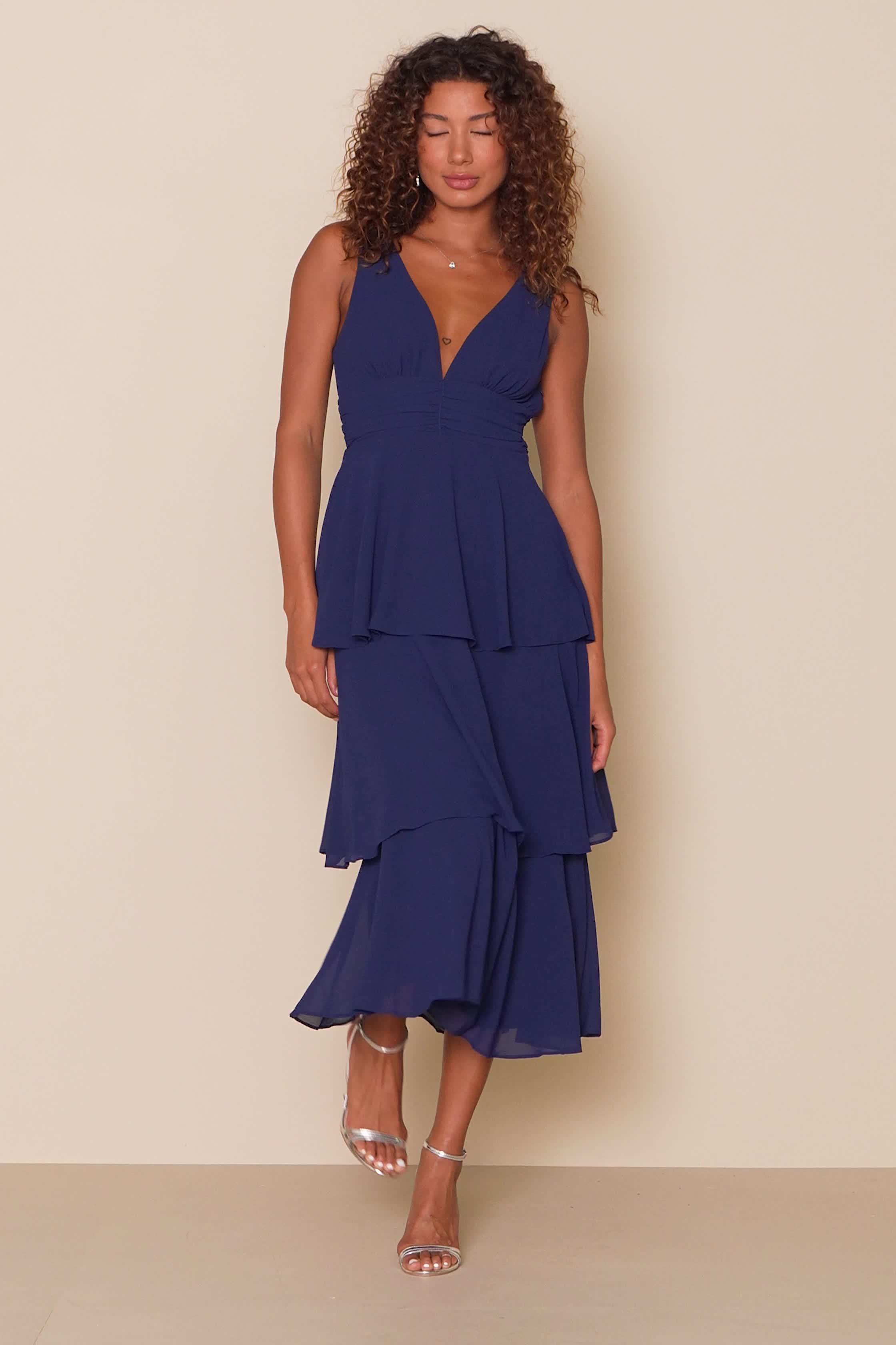 Navy Blue V-Neck Dress - Tiered Midi Dress - Sleeveless Dress - Lulus Navy Blue V-Neck Dress - Tiered Midi Dress - Sleeveless Dress - Lulus