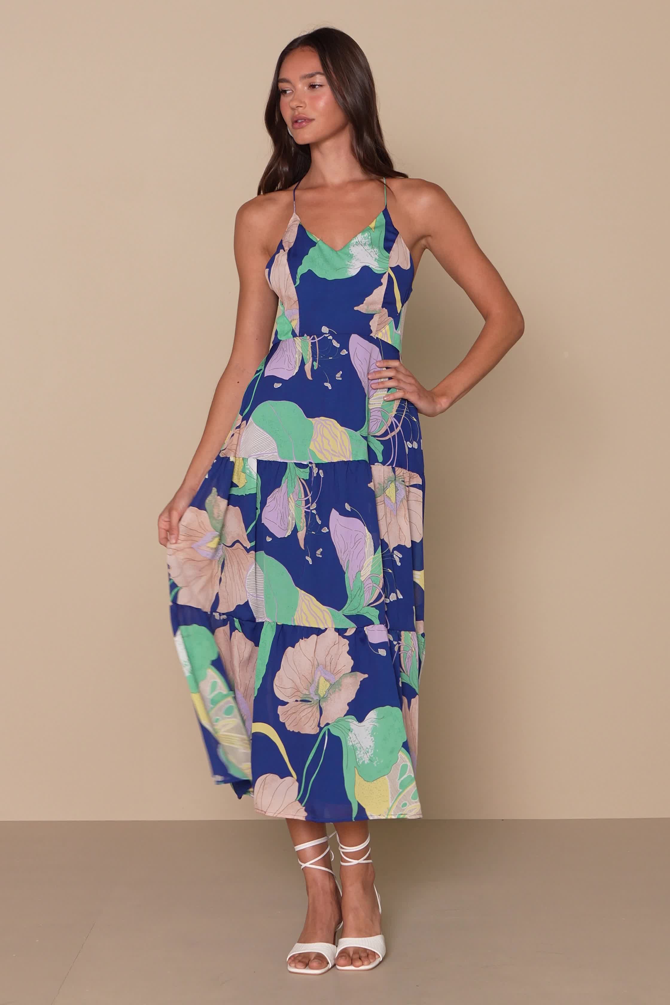 Blue Multi Floral Dress - Tiered Midi Dress - Lace-Up Back Dress - Lulus