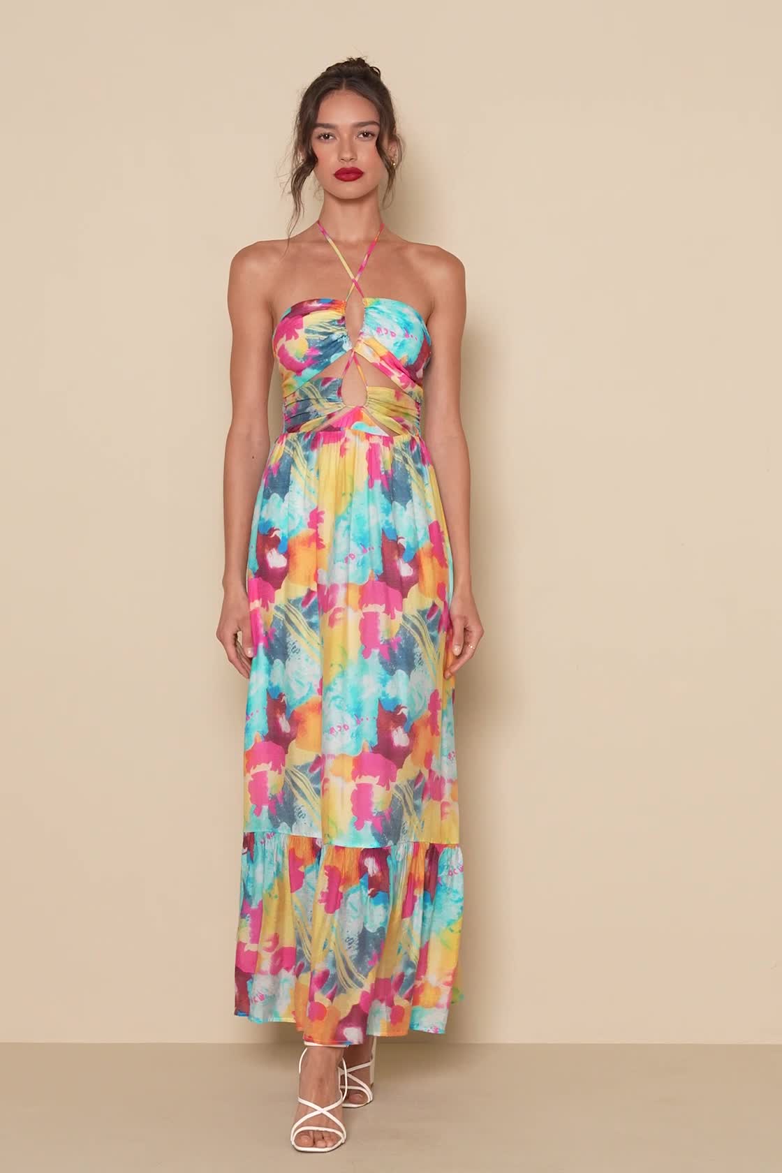 Multi Abstract Print Dress - Halter Maxi Dress - Chiffon Dress - Lulus