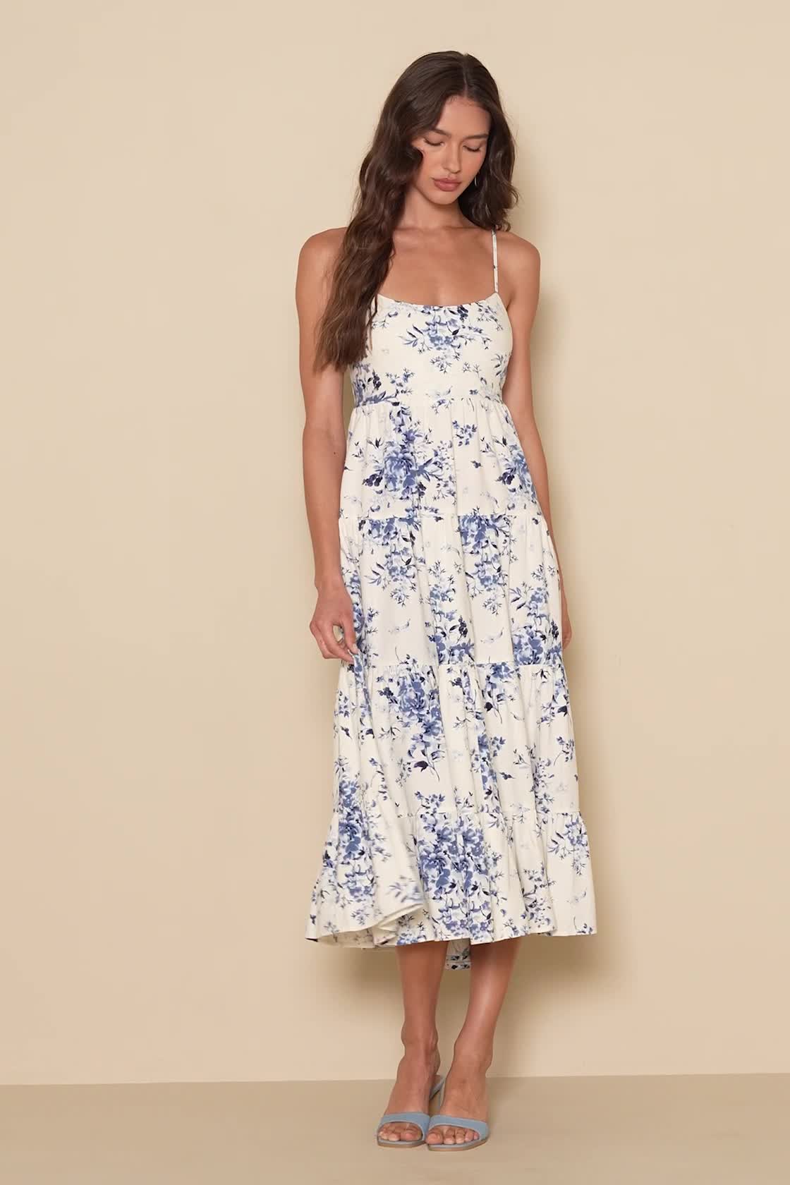 Blue Floral Print Dress - Tie-Strap Midi Dress - Tiered Dress - Lulus
