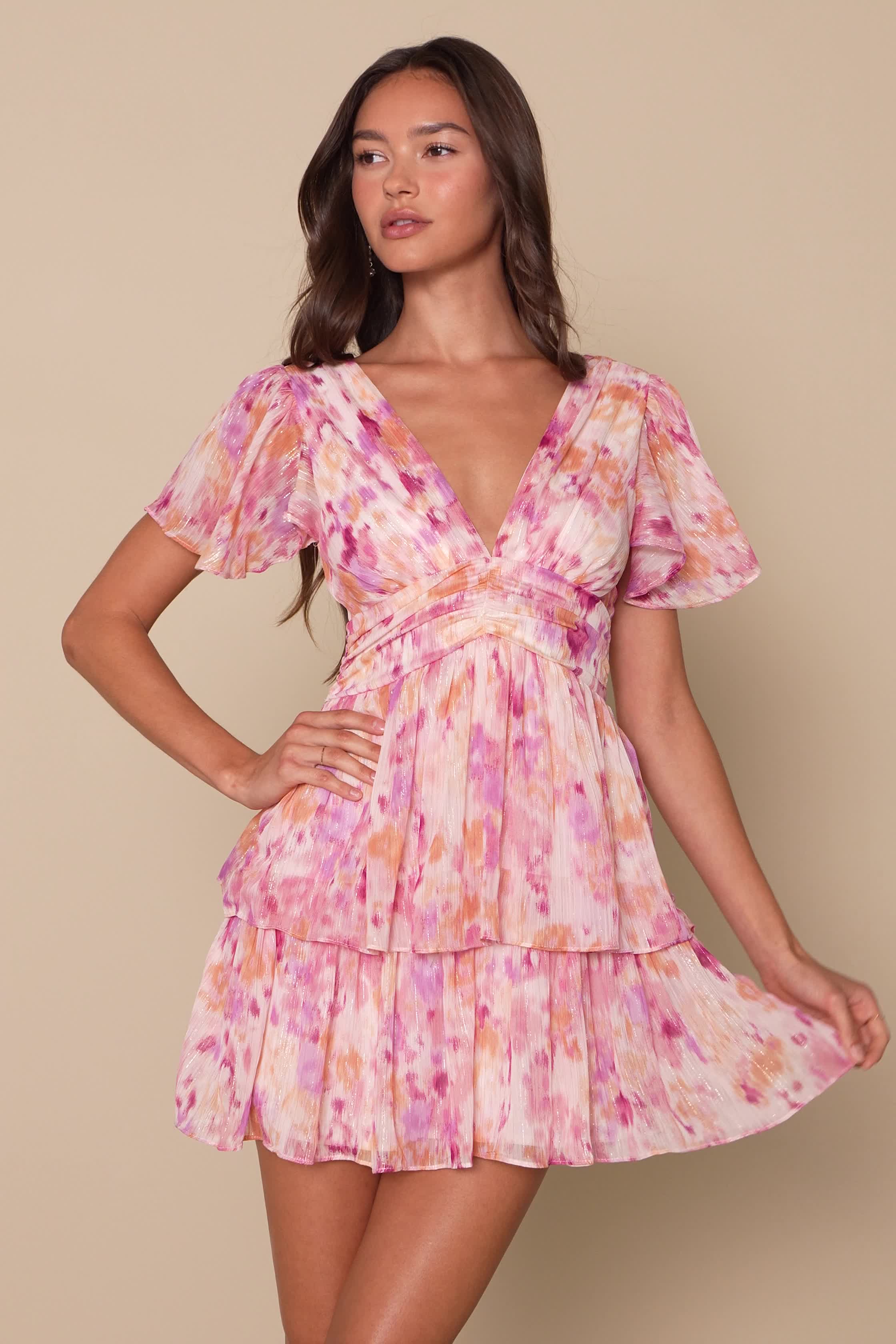 Pink Multi Mini Dress - Lurex Mini Dress - Flutter Sleeve