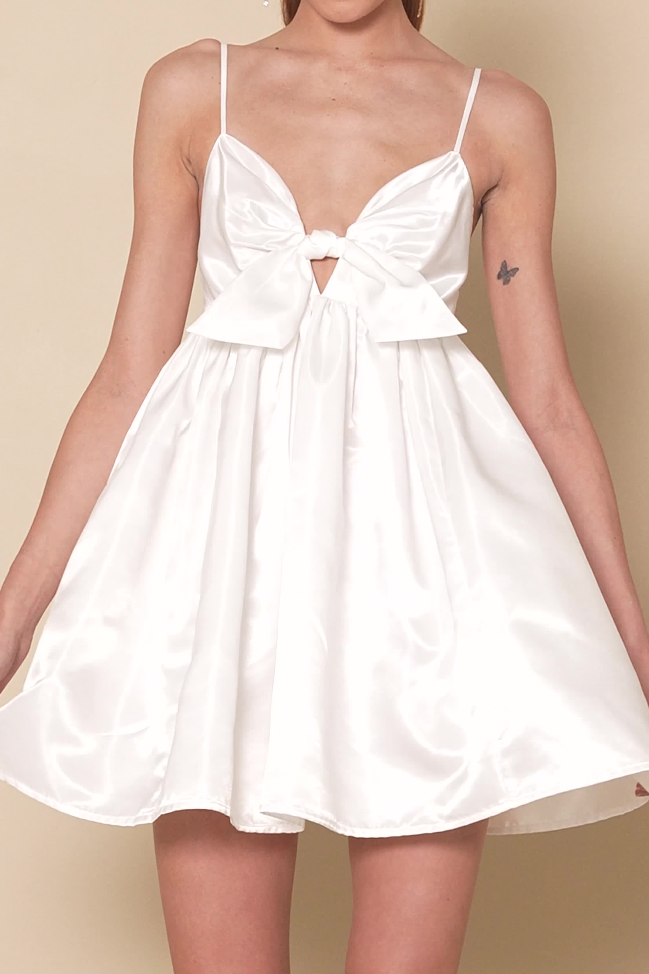 White Satin Mini Dress - Babydoll Dress - Tied Babydoll Dress - Lulus