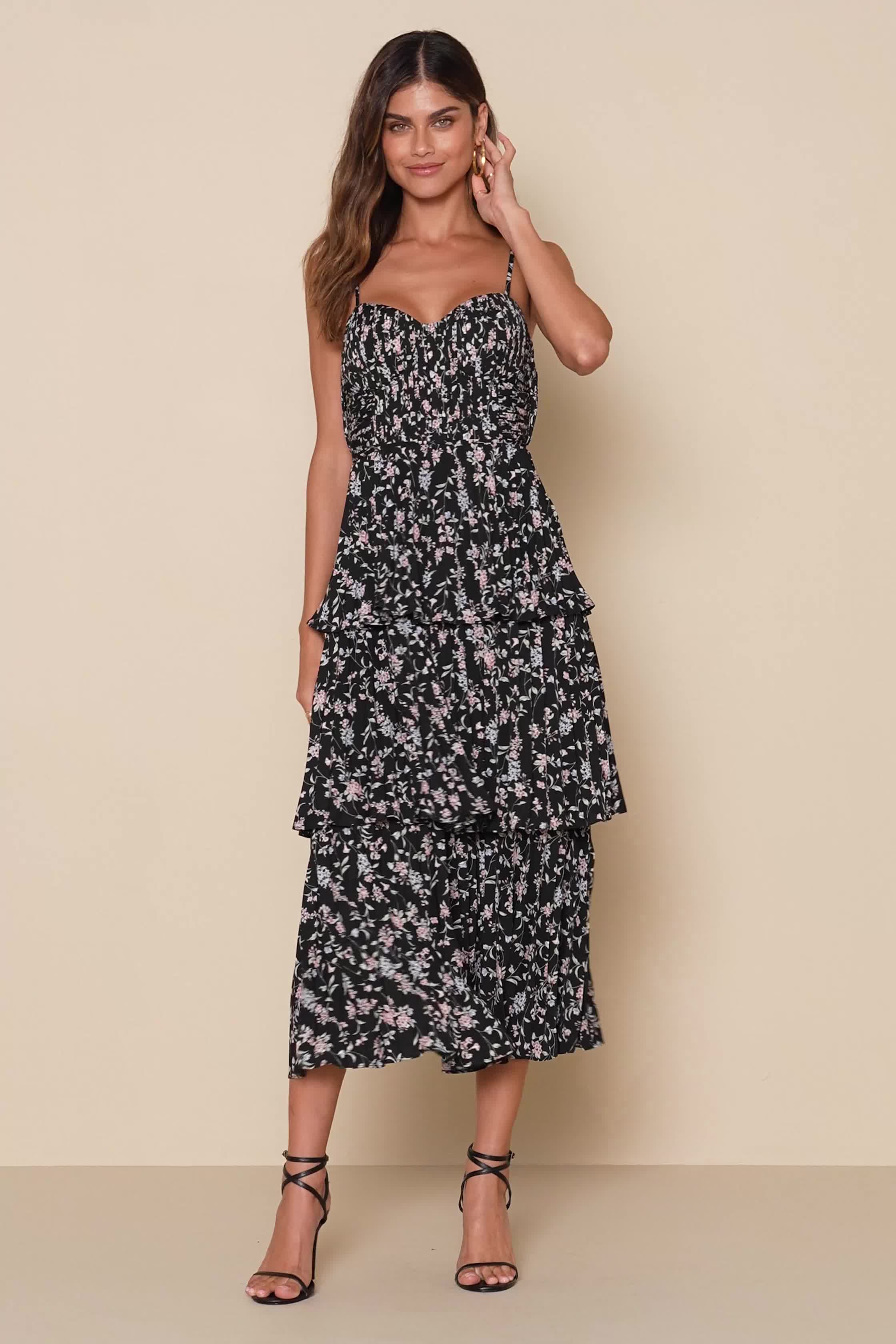 Pink Midi Dress - Tiered Floral Midi Dress - Bustier Midi