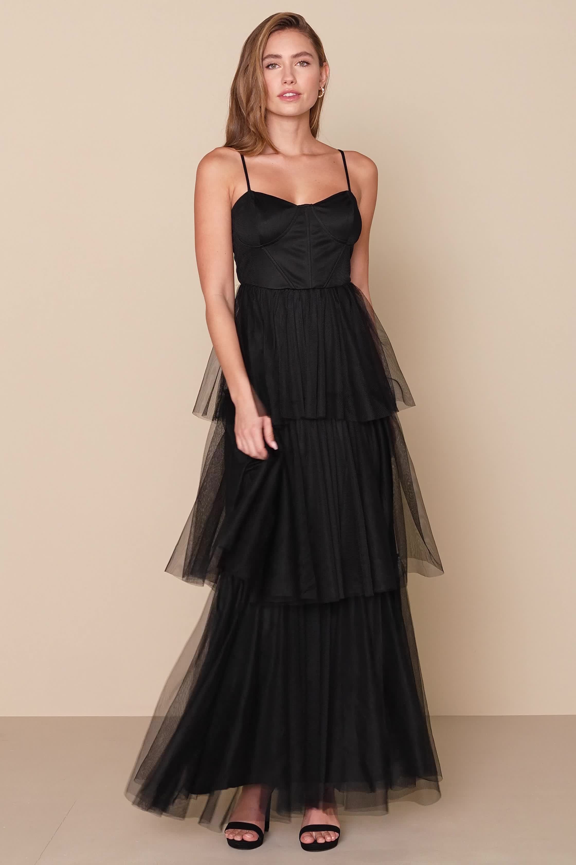 ワンピース BLACK TULLE WAVE TIERED DRESS Fairytale Sweetheart Belted Dotted Tulle Layered Ruffle Maxi