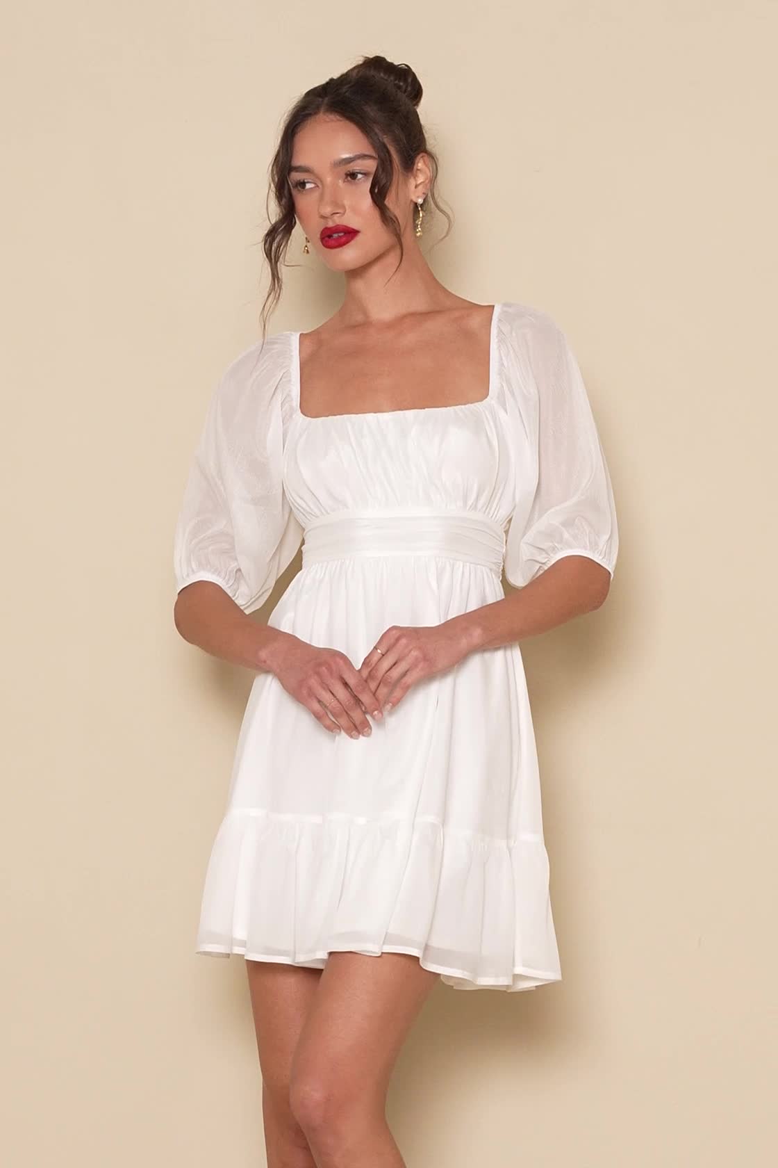 White Puff Sleeve Dress - Tie-Back Chiffon Dress - Mini